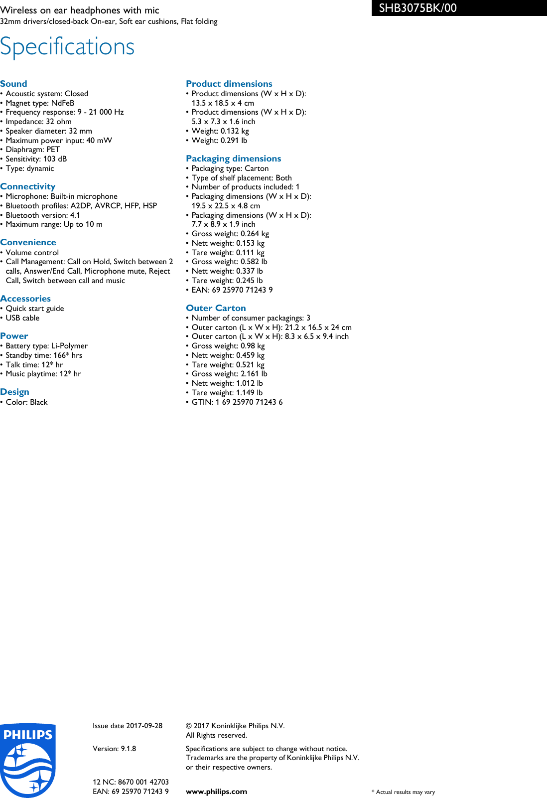 Page 3 of 3 - Philips SHB3075BK/00 Wireless On Ear Headphones With Mic Shb3075bk 00 Pss Engau