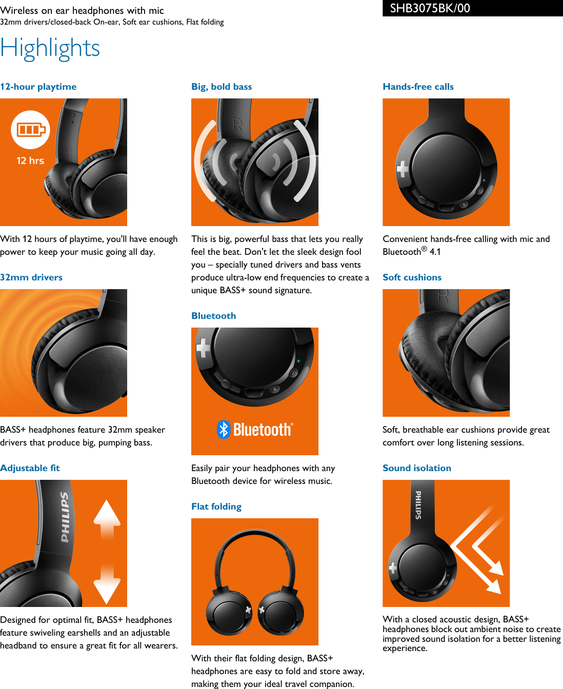 Philips SHB3075BK/00 Wireless On Ear Headphones With Mic Leaflet