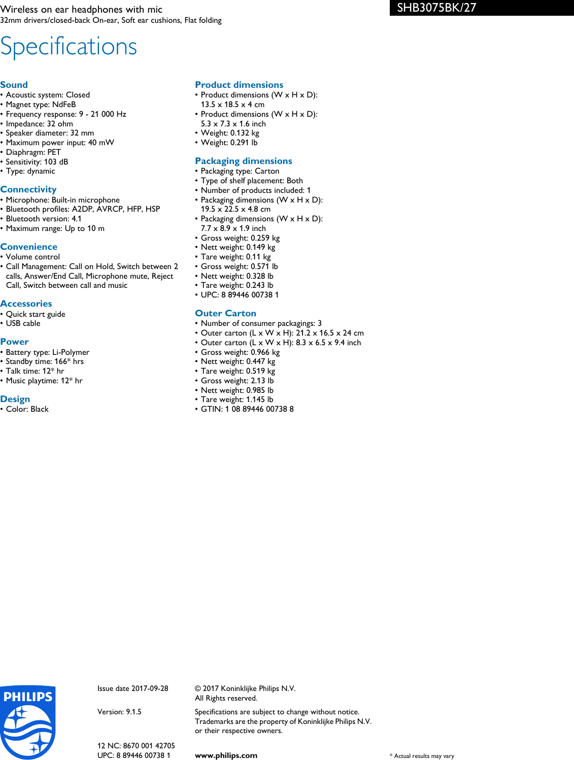 Page 3 of 3 - Philips SHB3075BK/27 Wireless On Ear Headphones With Mic Shb3075bk 27 Pss Aenus