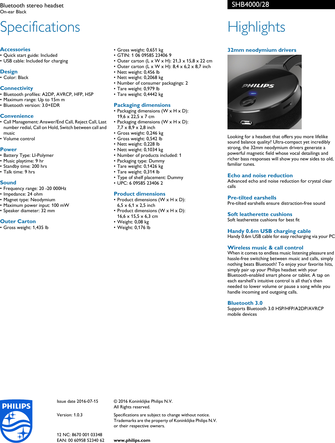 Page 2 of 2 - Philips SHB4000/28 Bluetooth Stereo Headset Shb4000 28 Pss Aenus