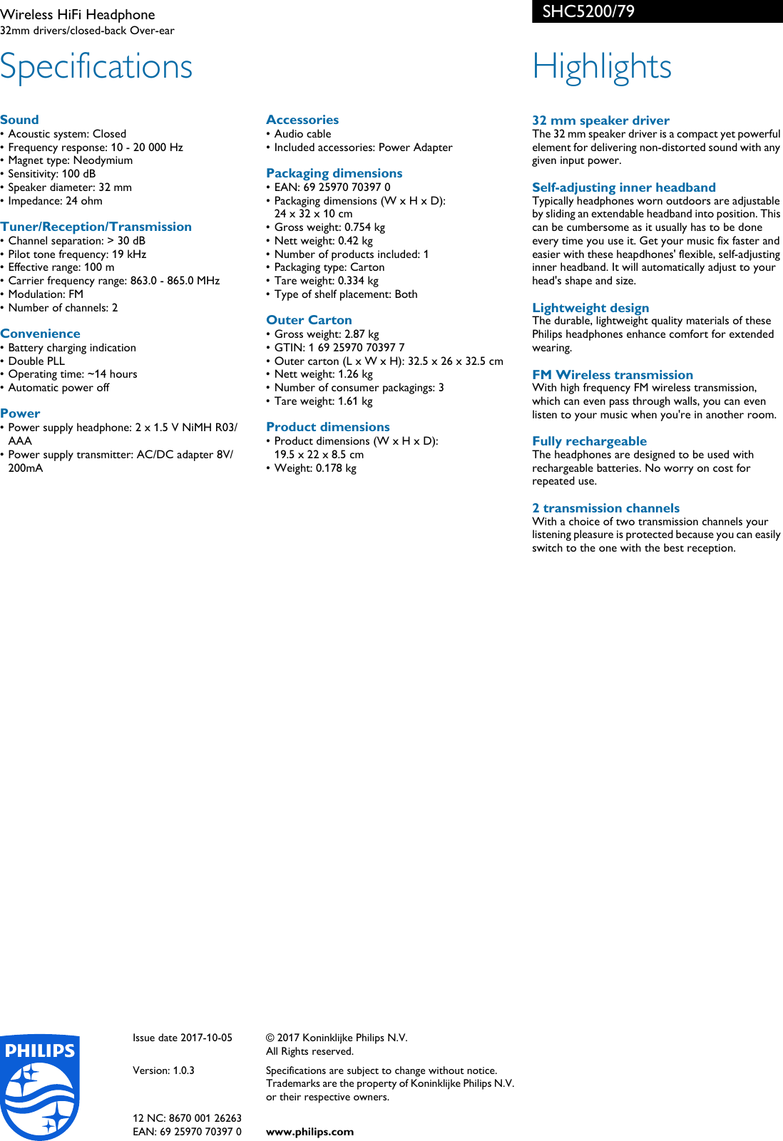 Page 2 of 2 - Philips SHC5200/79 Wireless HiFi Headphone Leaflet Shc5200 79 Pss Engnz