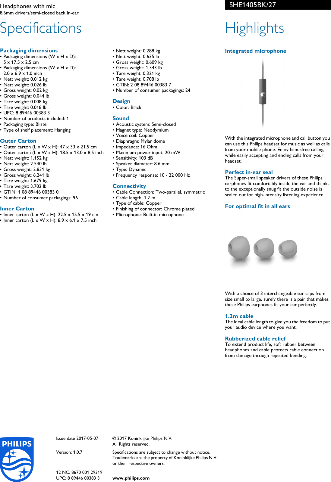 Page 2 of 2 - Philips SHE1405BK/27 Headphones With Mic She1405bk 27 Pss Aenca