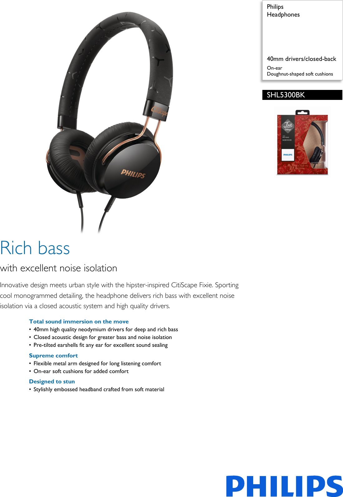 Page 1 of 2 - Philips SHL5300BK/00 Headphones Leaflet Shl5300bk 00 Pss