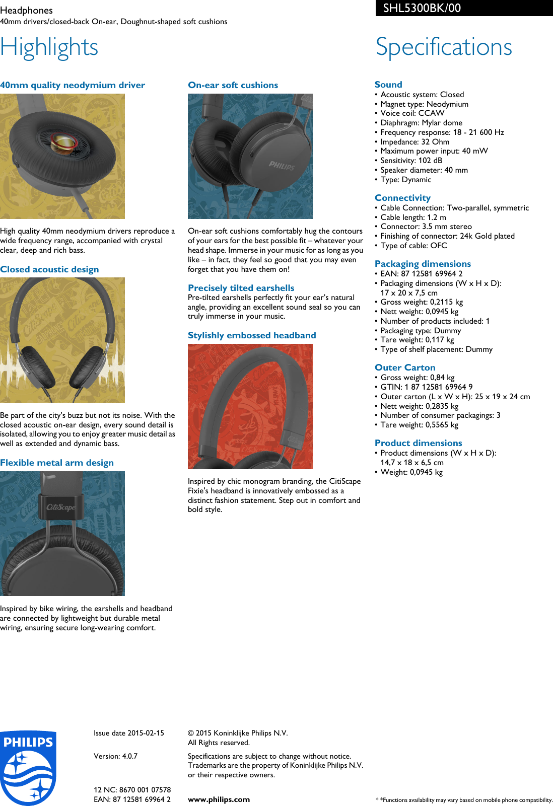 Page 2 of 2 - Philips SHL5300BK/00 Headphones Leaflet Shl5300bk 00 Pss