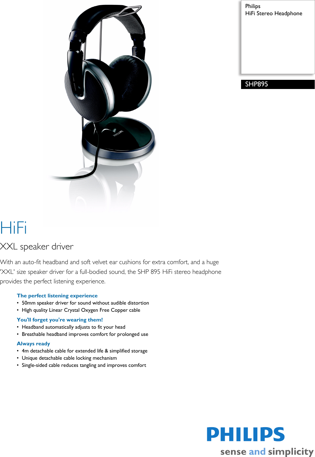 Philips SHP895/97 HiFi Stereo Headphone Hi Fi Shp895 97 Pss Aenhk