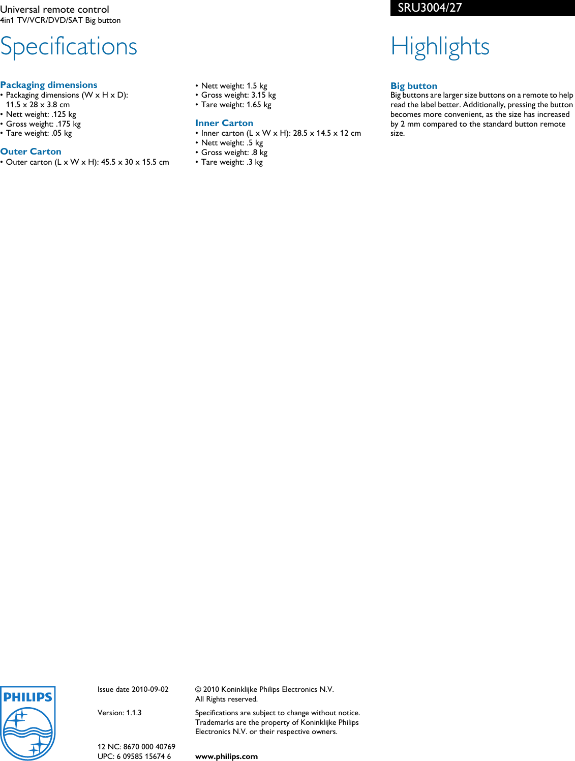 Page 2 of 2 - Philips SRU3004/27 Universal Remote Control Sru3004 27 Pss Aenca
