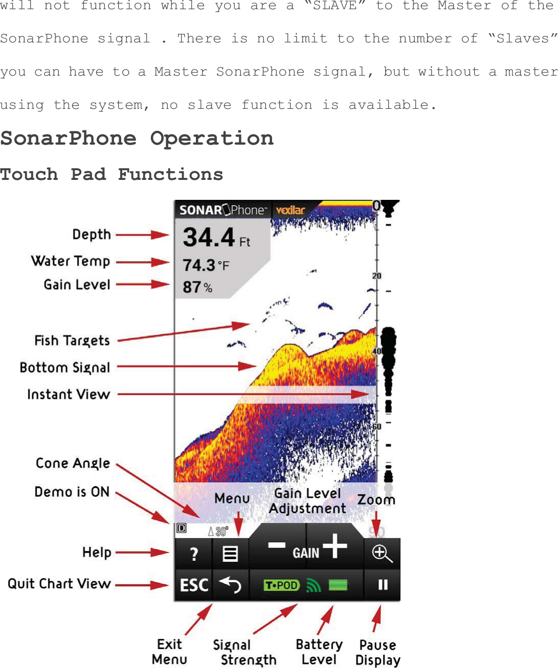 will not function while you are a &ldquo;SLAVE&rdquo; to the Master of the SonarPhone signal . There is no limit to the number of &ldquo;Slaves&rdquo; you can have to a Master SonarPhone signal, but without a master using the system, no slave function is available. SonarPhone Operation Touch Pad Functions 