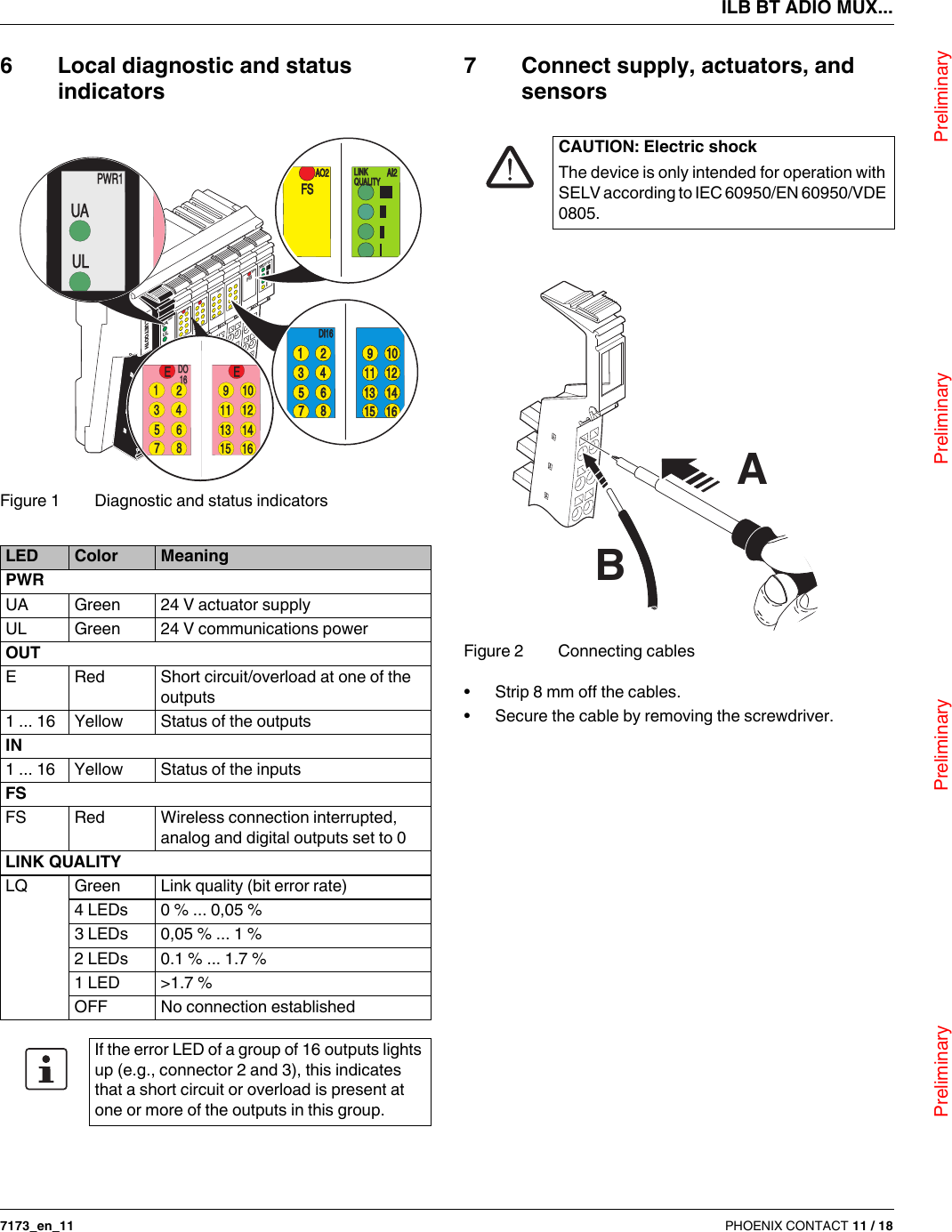 ILB BT ADIO MUX...                                Preliminary                                                    Preliminary                                                    Preliminary                                                   Preliminary7173_en_11 PHOENIX CONTACT 11 / 186 Local diagnostic and status indicatorsFigure 1 Diagnostic and status indicators7 Connect supply, actuators, and sensorsFigure 2 Connecting cables•Strip 8 mm off the cables.•Secure the cable by removing the screwdriver.LED Color MeaningPWRUA Green 24 V actuator supplyUL Green 24 V communications powerOUTE Red Short circuit/overload at one of the outputs1 ... 16 Yellow Status of the outputsIN1 ... 16 Yellow Status of the inputsFSFS Red Wireless connection interrupted, analog and digital outputs set to 0LINK QUALITYLQ Green Link quality (bit error rate)4 LEDs 0%...0,05%3 LEDs 0,05%...1%2 LEDs 0.1%...1.7%1 LED &gt;1.7%OFF No connection establishedIf the error LED of a group of 16outputs lights up (e.g.,connector 2 and 3), this indicates that a short circuit or overload is present at one or more of the outputs in this group.DI1616DO AO2 AI2QUALITYLINKUAULPWR1FSBLUETOOTHUAULPWR1125DO16DO16691013 14EE412311816715125 691013 14412311816715D16ID16IFSAO2 AI2LINKQUALITYLINKQUALITYCAUTION: Electric shockThe device is only intended for operation with SELV according to IEC 60950/EN 60950/VDE 0805.AB