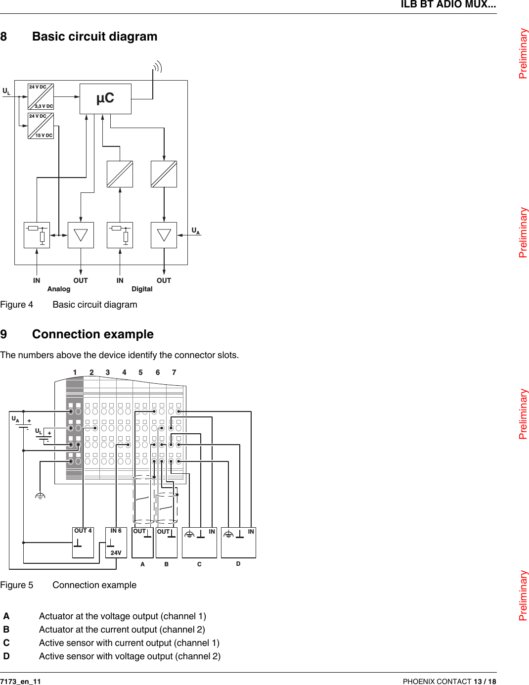 ILB BT ADIO MUX...                                Preliminary                                                    Preliminary                                                    Preliminary                                                   Preliminary7173_en_11 PHOENIX CONTACT 13 / 188 Basic circuit diagramFigure 4 Basic circuit diagram9 Connection exampleThe numbers above the device identify the connector slots.Figure 5 Connection exampleIN OUT OUTAnalog Digital24 V DC3,3 V DC24 V DC15 V DCμCINULUA1234567OUT 4 IN 624VOUTAOUTBINCIND-UA+-UL+AActuator at the voltage output (channel1)BActuator at the current output (channel2)CActive sensor with current output (channel1)DActive sensor with voltage output (channel2)