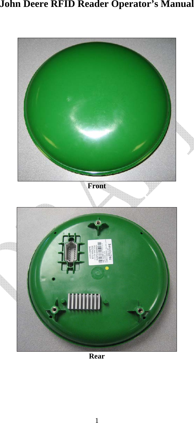   1John Deere RFID Reader Operator&rsquo;s Manual     Front    Rear     