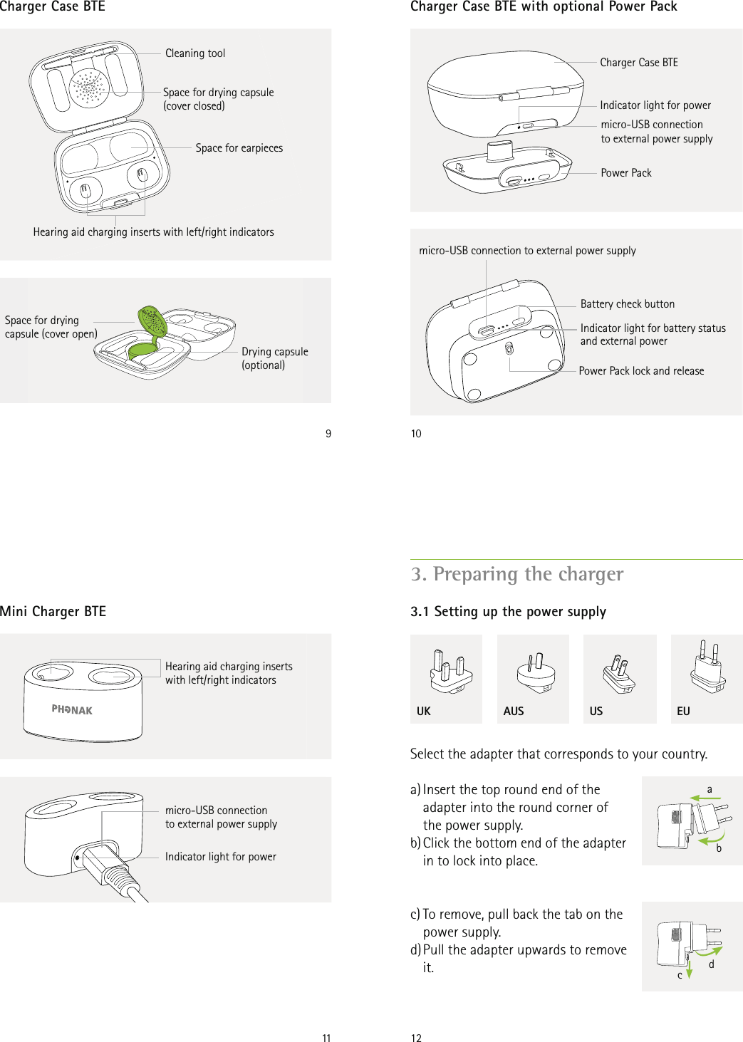 9Space for earpiecesCleaning toolSpace for drying capsule (cover open)Drying capsule(optional) Hearing aid charging inserts with left/right indicatorsSpace for drying capsule  (cover closed)Charger Case BTE10Charger Case BTE with optional Power PackCharger Case BTEIndicator light for powermicro-USB connection  to external power supplymicro-USB connection to external power supplyPower PackIndicator light for battery status  and external powerBattery check buttonPower Pack lock and release11Mini Charger BTEHearing aid charging inserts with left/right indicatorsmicro-USB connectionto external power supplyIndicator light for power123. Preparing the chargerSelect the adapter that corresponds to your country.a) Insert the top round end of the adapter into the round corner of the power supply.b) Click the bottom end of the adapter in to lock into place.c) To remove, pull back the tab on the power supply.d) Pull the adapter upwards to remove it.3.1 Setting up the power supplyUK AUS US EUabcd