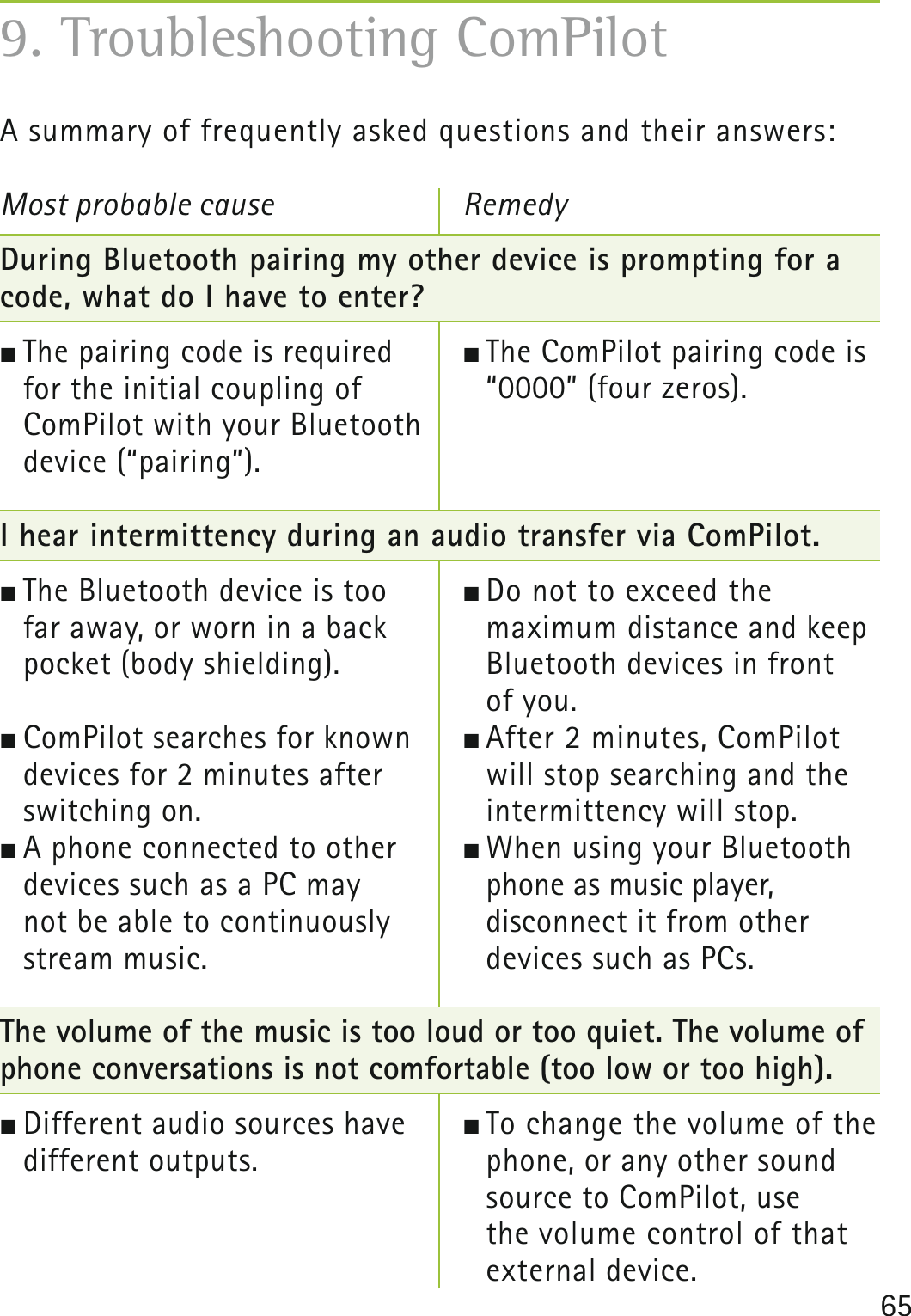 659. Troubleshooting ComPilotA summary of frequently asked questions and their answers:Most probable cause During Bluetooth pairing my other device is prompting for a code, what do I have to enter? The pairing code is required  for the initial coupling of  ComPilot with your Bluetooth device (“pairing”).  I hear intermittency during an audio transfer via ComPilot. The Bluetooth device is too  far away, or worn in a back  pocket (body shielding).  ComPilot searches for known devices for 2 minutes after  switching on.  A phone connected to other  devices such as a PC may  not be able to continuously  stream music.The volume of the music is too loud or too quiet. The volume of phone conversations is not comfortable (too low or too high). Different audio sources have different outputs.Remedy The ComPilot pairing code is “0000” (four zeros). Do not to exceed the  maximum distance and keep Bluetooth devices in front  of you. After 2 minutes, ComPilot will stop searching and the intermittency will stop.  When using your Bluetooth phone as music player,  disconnect it from other  devices such as PCs.  To change the volume of the phone, or any other sound source to ComPilot, use  the volume control of that external device.