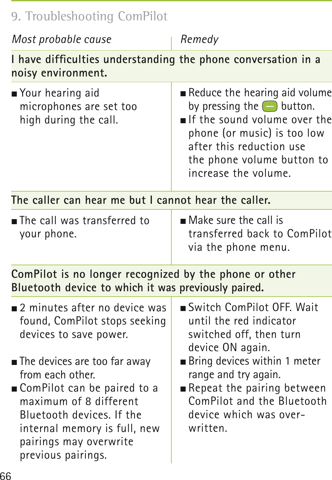 66Most probable cause Remedy9. Troubleshooting ComPilot I have difﬁculties understanding the phone conversation in a noisy environment. Your hearing aid  microphones are set too  high during the call.  The caller can hear me but I cannot hear the caller. The call was transferred to  your phone.ComPilot is no longer recognized by the phone or other  Bluetooth device to which it was previously paired. 2 minutes after no device was found, ComPilot stops seeking devices to save power.  The devices are too far away  from each other. ComPilot can be paired to a maximum of 8 different  Bluetooth devices. If the  internal memory is full, new pairings may overwrite  previous pairings.  Reduce the hearing aid volume by pressing the   button. If the sound volume over the phone (or music) is too low after this reduction use  the phone volume button to increase the volume. Make sure the call is  transferred back to ComPilot via the phone menu. Switch ComPilot OFF. Wait until the red indicator  switched off, then turn  device ON again.  Bring devices within 1 meter range and try again. Repeat the pairing between ComPilot and the Bluetooth device which was over- written.