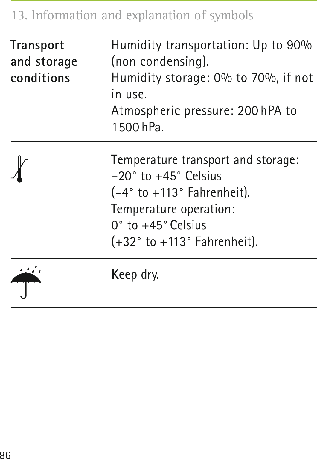 86Humidity transportation: Up to 90%(non condensing).Humidity storage: 0% to 70%, if notin use.Atmospheric pressure: 200 hPA to1500 hPa.Transport and storage conditions13. Information and explanation of symbolsKeep dry. Temperature transport and storage: –20° to +45° Celsius  (–4° to +113° Fahrenheit). Temperature operation:  0° to +45° Celsius  (+32° to +113° Fahrenheit).