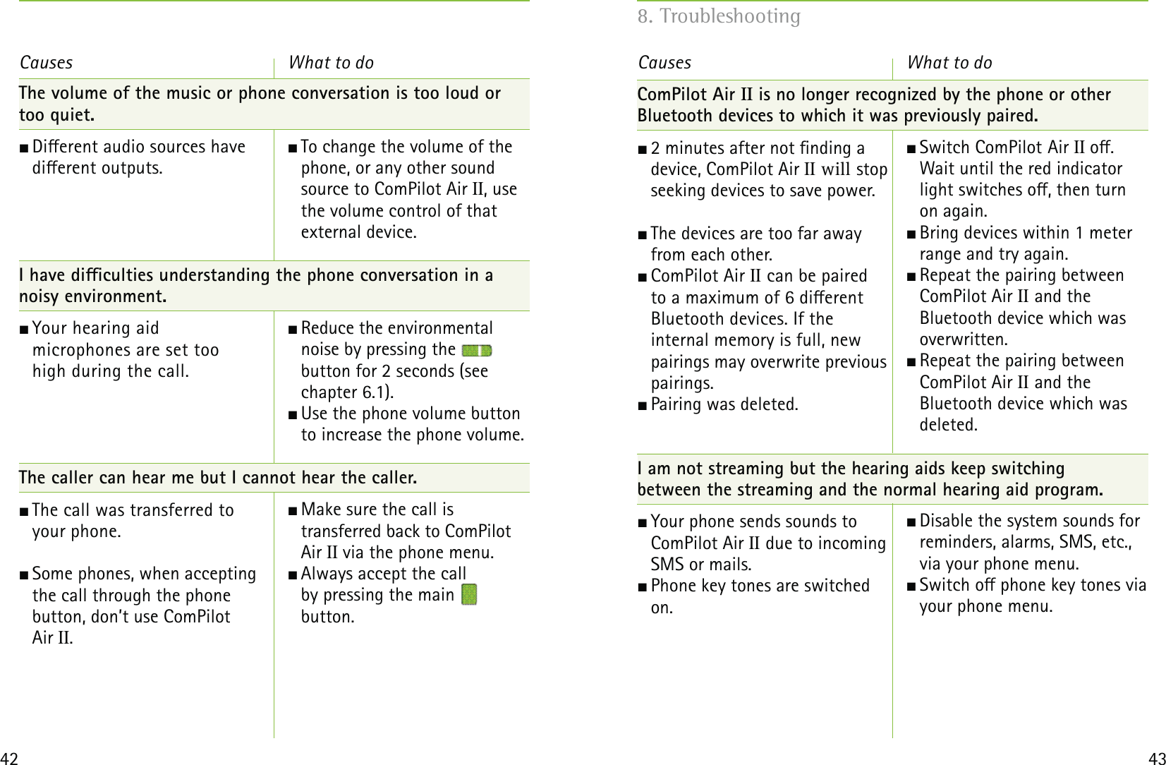 42 43Causes What to doThe volume of the music or phone conversation is too loud or too quiet. Dierent audio sources have  dierent outputs.   I have diculties understanding the phone conversation in a noisy environment. Your hearing aid  microphones are set too  high during the call.  The caller can hear me but I cannot hear the caller. The call was transferred to  your phone. Some phones, when accepting  the call through the phone  button, don’t use ComPilot  Air II.   To change the volume of the phone, or any other sound source to ComPilot Air II, use the volume control of that  external device. Reduce the environmental  noise by pressing the   button for 2 seconds (see chapter 6.1). Use the phone volume button to increase the phone volume. Make sure the call is  transferred back to ComPilot Air II via the phone menu. Always accept the call  by pressing the main   button.   ComPilot Air II is no longer recognized by the phone or other  Bluetooth devices to which it was previously paired. 2 minutes after not nding a  device, ComPilot Air II will stop  seeking devices to save power.  The devices are too far away  from each other. ComPilot  Air  II can be paired  to a maximum of 6 dierent  Bluetooth devices. If the  internal memory is full, new  pairings may overwrite previous pairings.  Pairing was deleted.  I am not streaming but the hearing aids keep switching  between the streaming and the normal hearing aid program. Your phone sends sounds to  ComPilot Air II due to incoming   SMS or mails.     Phone key tones are switched  on.Causes  Switch ComPilot Air II o.  Wait until the red indicator  light switches o, then turn on again.  Bring devices within 1 meter range and try again. Repeat the pairing between ComPilot Air II and the  Bluetooth device which was overwritten. Repeat the pairing between ComPilot Air II and the  Bluetooth device which was deleted.    Disable the system sounds for reminders, alarms, SMS, etc., via your phone menu. Switch o phone key tones via your phone menu. What to do8. Troubleshooting