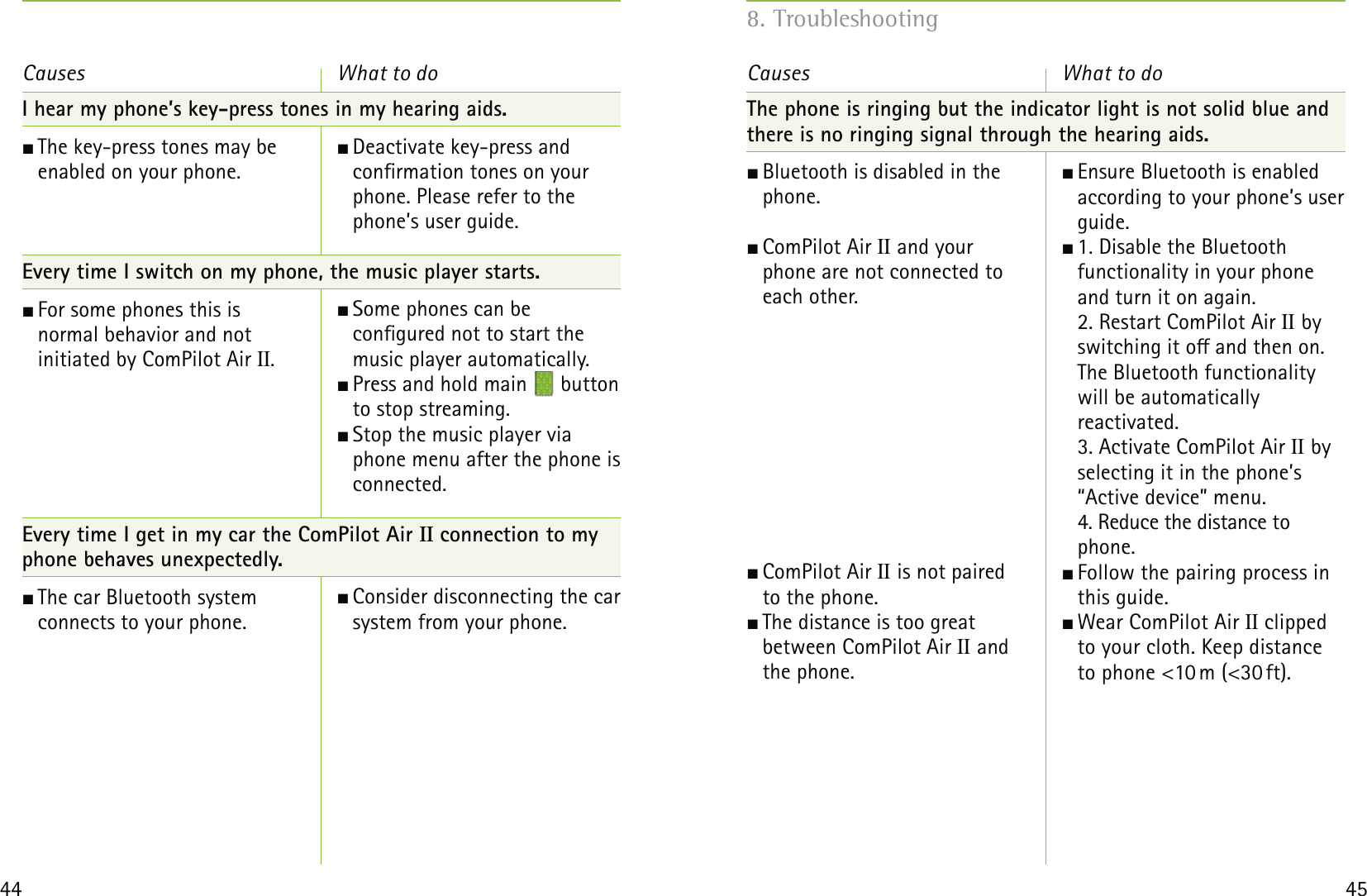 44 45Causes What to doI hear my phone’s key-press tones in my hearing aids. The key-press tones may be enabled on your phone.Every time I switch on my phone, the music player starts. For some phones this is  normal behavior and not  initiated by ComPilot Air II.   Every time I get in my car the ComPilot Air II connection to my phone behaves unexpectedly. The car Bluetooth system  connects to your phone.   Deactivate key-press and  conrmation tones on your phone. Please refer to the phone’s user guide. Some phones can be  congured not to start the music player automatically.  Press and hold main   button to stop streaming. Stop the music player via phone menu after the phone is connected.  Consider disconnecting the car system from your phone.    Causes  What to do  Ensure Bluetooth is enabled according to your phone’s user guide. 1. Disable the Bluetooth  functionality in your phone and turn it on again.  2. Restart ComPilot Air II by  switching it o and then on. The Bluetooth functionality will be automatically  reactivated.  3. Activate ComPilot Air II by  selecting it in the phone’s “Active device” menu.  4. Reduce the distance to phone. Follow the pairing process in this guide. Wear ComPilot Air II clipped to your cloth. Keep distance to phone &lt;10 m (&lt;30 ft).8. TroubleshootingThe phone is ringing but the indicator light is not solid blue and there is no ringing signal through the hearing aids. Bluetooth is disabled in the phone. ComPilot Air II and your  phone are not connected to  each other.  ComPilot Air II is not paired  to the phone. The distance is too great  between ComPilot Air II and  the phone.