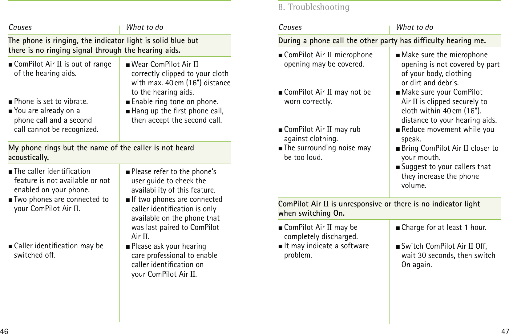 46 47The phone is ringing, the indicator light is solid blue but  there is no ringing signal through the hearing aids. ComPilot Air II is out of range  of the hearing aids. Phone is set to vibrate. You are already on a  phone call and a second  call cannot be recognized.My phone rings but the name of the caller is not heard  acoustically. The caller identication  feature is not available or not enabled on your phone. Two phones are connected to  your ComPilot Air II.  Caller identication may be  switched o.Causes Wear ComPilot Air II correctly clipped to your cloth with max. 40 cm (16&quot;) distance to the hearing aids. Enable ring tone on phone. Hang up the rst phone call, then accept the second call.  Please refer to the phone’s user guide to check the  availability of this feature. If two phones are connected caller identication is only available on the phone that was last paired to ComPilot  Air II. Please ask your hearing  care professional to enable caller identication on  your ComPilot Air II.What to do Causes  What to doDuring a phone call the other party has diculty hearing me. ComPilot Air II microphone  opening may be covered. ComPilot Air II may not be  worn correctly. ComPilot Air II may rub  against clothing.  The surrounding noise may  be too loud.  ComPilot Air II is unresponsive or there is no indicator light  when switching On. ComPilot Air II may be  completely discharged. It may indicate a software  problem. Make sure the microphone opening is not covered by part of your body, clothing  or dirt and debris. Make sure your ComPilot  Air II is clipped securely to cloth within 40 cm (16&quot;).  distance to your hearing aids. Reduce movement while you speak. Bring ComPilot Air II closer to your mouth. Suggest to your callers that they increase the phone  volume.  Charge for at least 1 hour.  Switch ComPilot Air II O,  wait 30 seconds, then switch On again.  8. Troubleshooting
