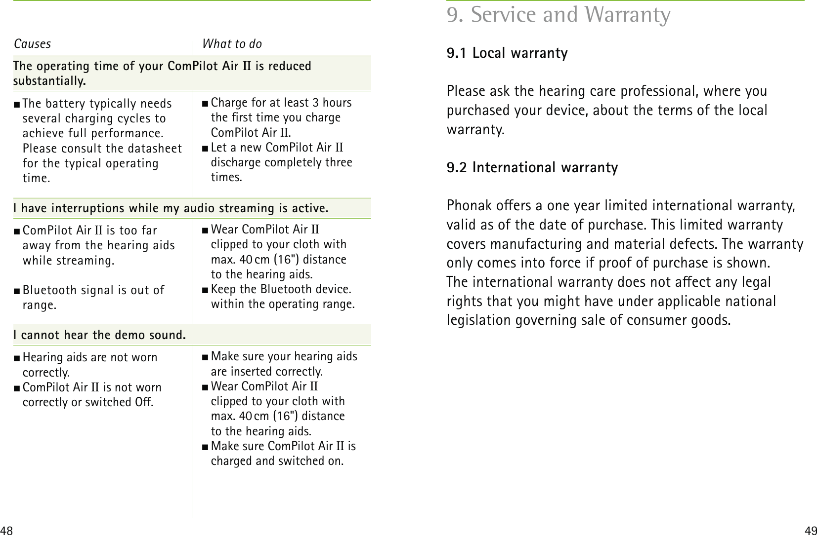48 49The operating time of your ComPilot Air II is reduced  substantially. The battery typically needs  several charging cycles to achieve full performance. Please consult the datasheet  for the typical operating  time. I have interruptions while my audio streaming is active. ComPilot Air II is too far  away from the hearing aids while streaming.  Bluetooth signal is out of  range.I cannot hear the demo sound. Hearing aids are not worn  correctly. ComPilot Air II is not worn  correctly or switched O.Causes  Charge for at least 3 hours the rst time you charge ComPilot Air II. Let a new ComPilot Air II discharge completely three times. Wear ComPilot Air II  clipped to your cloth with max. 40 cm (16&quot;) distance  to the hearing aids. Keep the Bluetooth device.  within the operating range. Make sure your hearing aids are inserted correctly. Wear ComPilot Air II  clipped to your cloth with max. 40 cm (16&quot;) distance  to the hearing aids. Make sure ComPilot Air II is charged and switched on.What to do9. Service and Warranty9.1 Local warrantyPlease ask the hearing care professional, where you purchased your device, about the terms of the local warranty.9.2 International warrantyPhonak oers a one year limited international warranty, valid as of the date of purchase. This limited warranty covers manufacturing and material defects. The warranty only comes into force if proof of purchase is shown.The international warranty does not aect any legal rights that you might have under applicable national legislation governing sale of consumer goods.