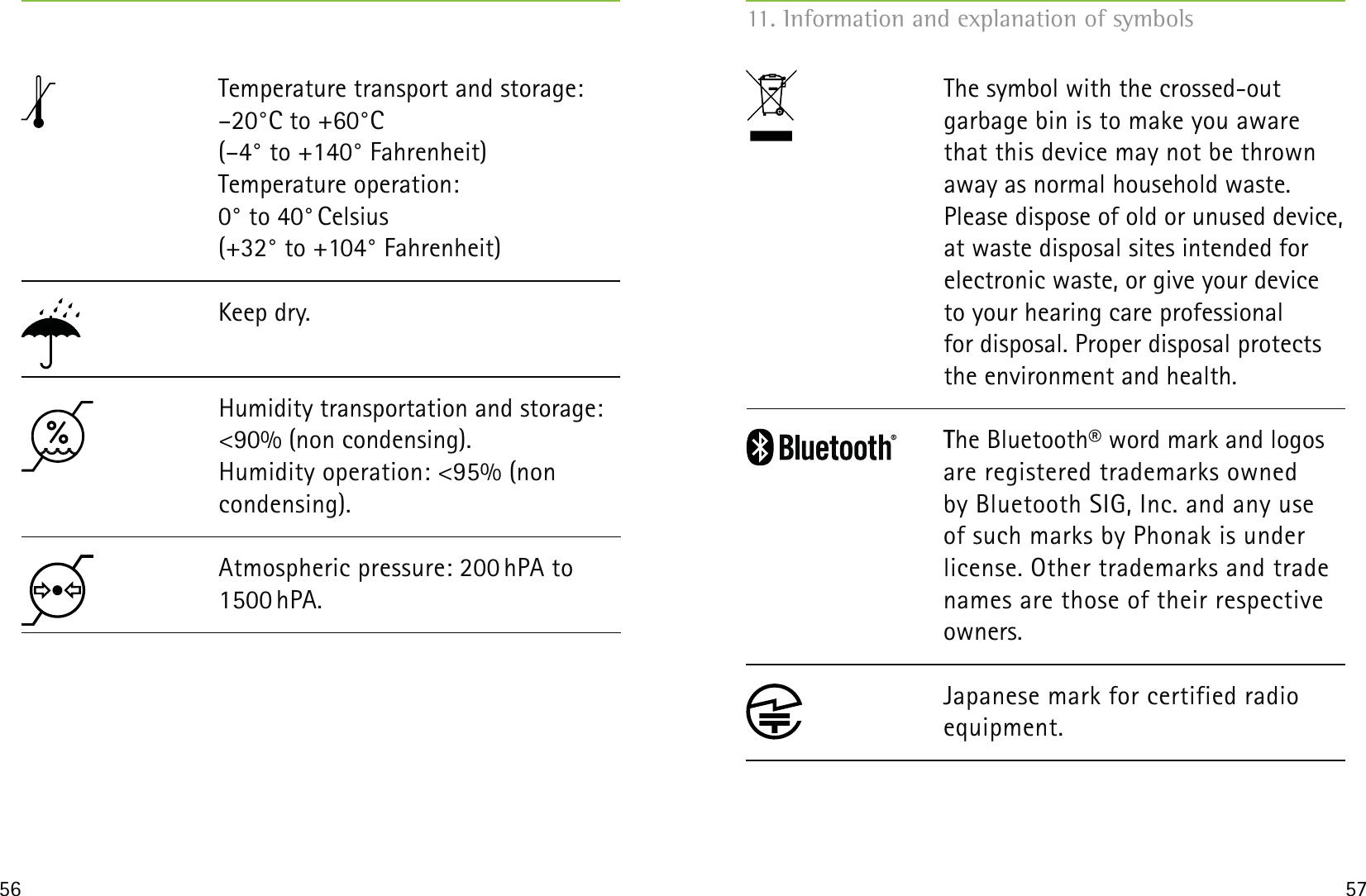 56 57Keep dry. Humidity transportation and storage: &lt;90% (non condensing).  Humidity operation: &lt;95% (non  condensing).Atmospheric pressure: 200 hPA to 1500 hPA.Temperature transport and storage: –20°C to +60°C  (–4° to +140° Fahrenheit)  Temperature operation:  0° to 40° Celsius  (+32° to +104° Fahrenheit)The symbol with the crossed-out garbage bin is to make you aware that this device may not be thrown away as normal household waste. Please dispose of old or unused device, at waste disposal sites intended for electronic waste, or give your device to your hearing care professional  for disposal. Proper disposal protects the environment and health.The Bluetooth® word mark and logos are registered trademarks owned by Bluetooth SIG, Inc. and any use of such marks by Phonak is under license. Other trademarks and trade names are those of their respective owners.Japanese mark for certified radio equipment.11. Information and explanation of symbols 