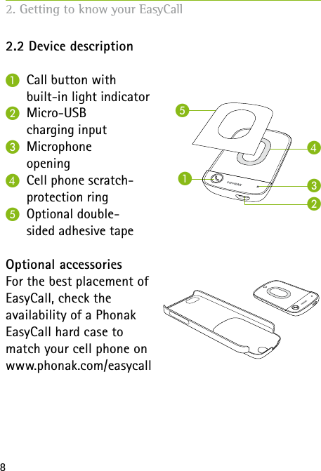 BACED82. Getting to know your EasyCall2.2 Device descriptionA  Call button with    built-in light indicator B Micro-USB    charging inputC Microphone   openingD  Cell phone scratch-    protection ring E  Optional double-   sided adhesive tape Optional accessoriesFor the best placement of  EasyCall, check the  availability of a Phonak  EasyCall hard case to  match your cell phone on  www.phonak.com/easycall