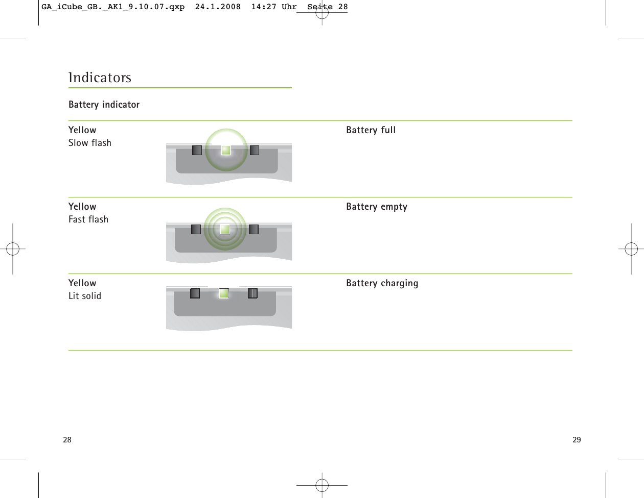 YellowSlow flashYellow Fast flashYellowLit solid28 29Battery indicatorIndicatorsBattery fullBattery emptyBattery chargingGA_iCube_GB._AK1_9.10.07.qxp  24.1.2008  14:27 Uhr  Seite 28
