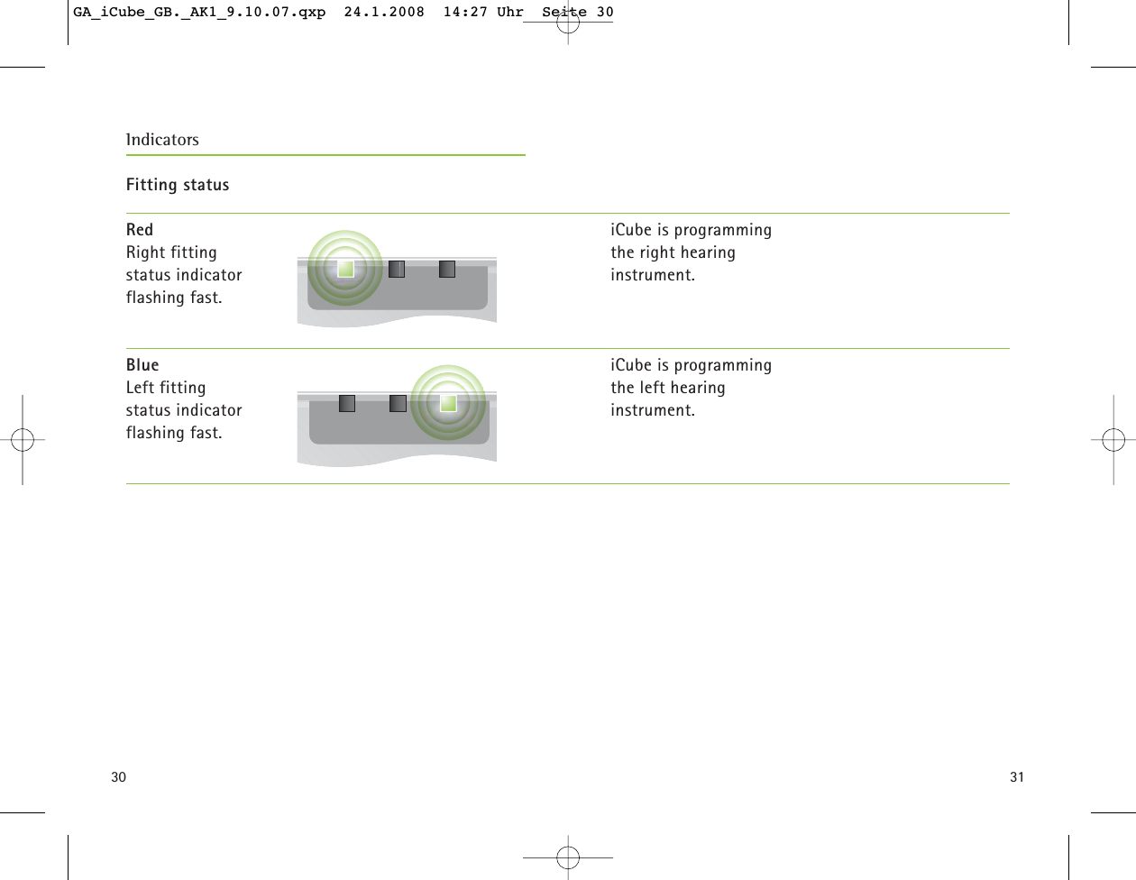 3130Fitting statusIndicatorsRedRight fitting status indicator flashing fast.BlueLeft fitting status indicator flashing fast. iCube is programming the right hearing instrument.iCube is programming the left hearing instrument.GA_iCube_GB._AK1_9.10.07.qxp  24.1.2008  14:27 Uhr  Seite 30