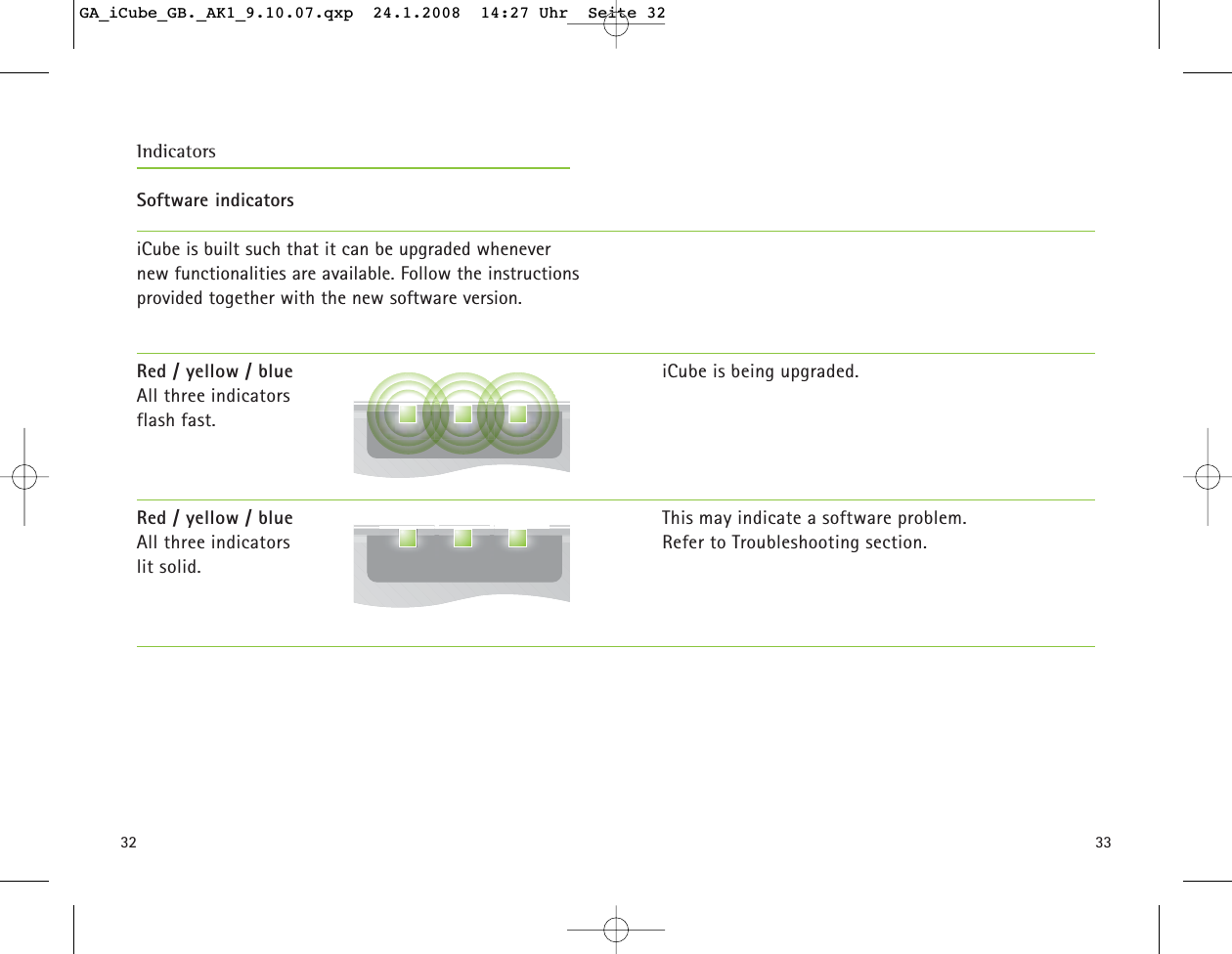 3332Software indicators iCube is built such that it can be upgraded whenevernew functionalities are available. Follow the instructionsprovided together with the new software version. IndicatorsRed / yellow / blueAll three indicators flash fast.Red / yellow / blueAll three indicators lit solid. iCube is being upgraded.This may indicate a software problem. Refer to Troubleshooting section.GA_iCube_GB._AK1_9.10.07.qxp  24.1.2008  14:27 Uhr  Seite 32