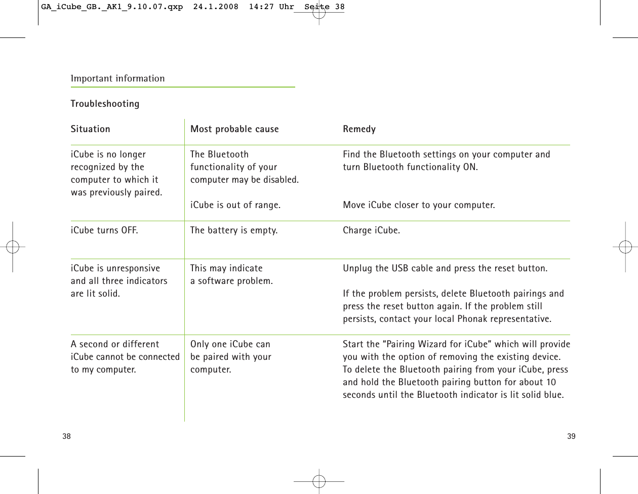 3938TroubleshootingSituationiCube is no longer recognized by the computer to which it was previously paired. iCube turns OFF. iCube is unresponsive and all three indicatorsare lit solid.A second or differentiCube cannot be connectedto my computer.RemedyFind the Bluetooth settings on your computer and turn Bluetooth functionality ON. Move iCube closer to your computer. Charge iCube.Unplug the USB cable and press the reset button. If the problem persists, delete Bluetooth pairings andpress the reset button again. If the problem still persists, contact your local Phonak representative.Start the &ldquo;Pairing Wizard for iCube&rdquo; which will provideyou with the option of removing the existing device.  To delete the Bluetooth pairing from your iCube, pressand hold the Bluetooth pairing button for about 10seconds until the Bluetooth indicator is lit solid blue.Most probable causeThe Bluetooth functionality of yourcomputer may be disabled. iCube is out of range.The battery is empty.This may indicatea software problem.Only one iCube can be paired with your computer.Important informationGA_iCube_GB._AK1_9.10.07.qxp  24.1.2008  14:27 Uhr  Seite 38