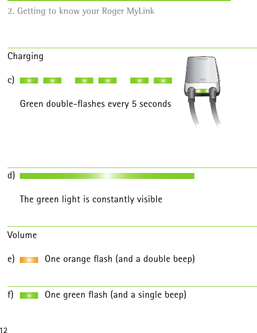 12Chargingc)   Green double-ﬂashes every 5 seconds  d)   The green light is constantly visibleVolumee)    One orange ﬂash (and a double beep)        f)    One green ﬂash (and a single beep)2. Getting to know your Roger MyLink 