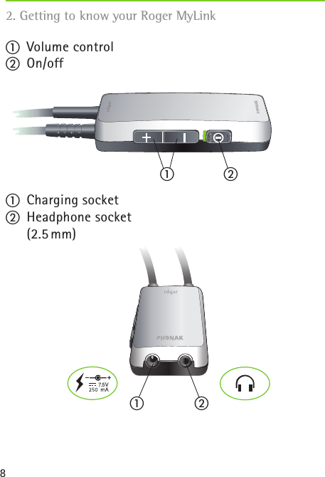 8a  Volume controlb On/offa  Charging socketb  Headphone socket   (2.5 mm)2. Getting to know your Roger MyLink a ba b