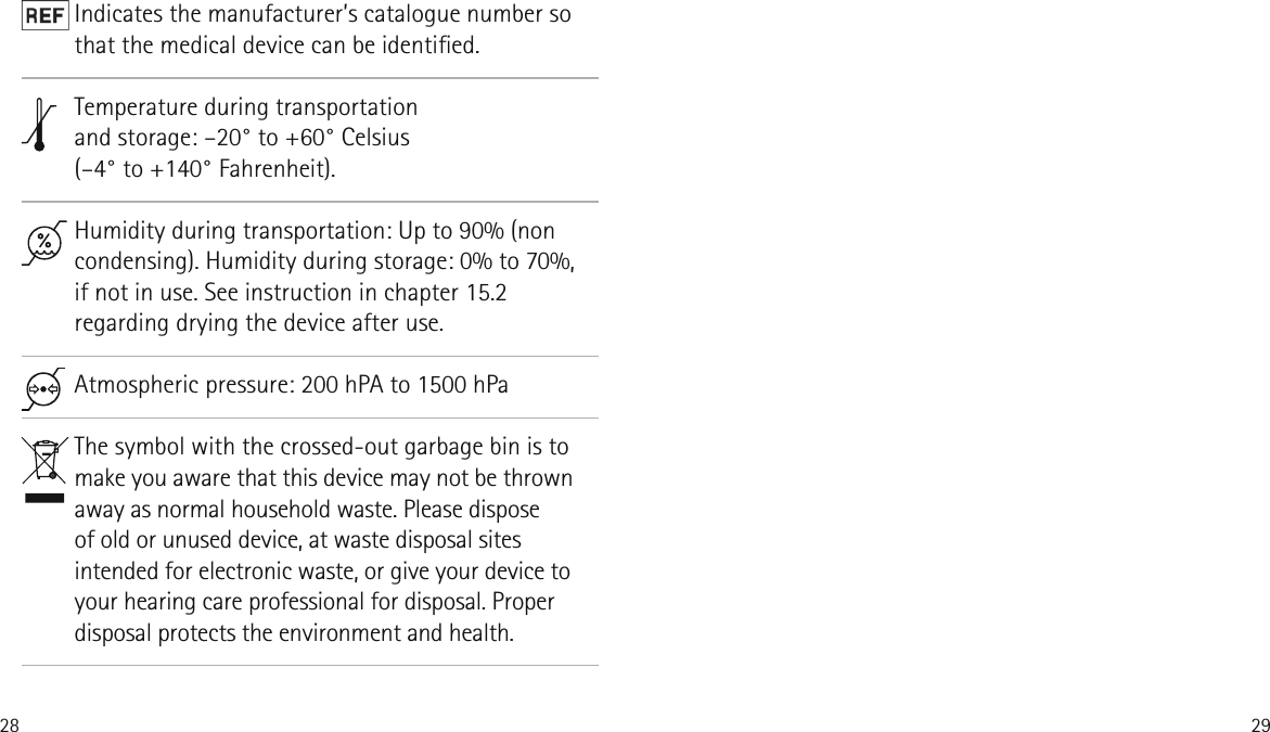 28 29                 Indicates the manufacturer&rsquo;s catalogue number so that the medical device can be identied.Temperature during transportation  and storage: &ndash;20&deg; to +60&deg; Celsius  (&ndash;4&deg; to +140&deg; Fahrenheit).Humidity during transportation: Up to 90% (non condensing). Humidity during storage: 0% to 70%, if not in use. See instruction in chapter 15.2 regarding drying the device after use. Atmospheric pressure: 200 hPA to 1500 hPaThe symbol with the crossed-out garbage bin is to make you aware that this device may not be thrown away as normal household waste. Please dispose  of old or unused device, at waste disposal sites intended for electronic waste, or give your device to your hearing care professional for disposal. Proper disposal protects the environment and health.