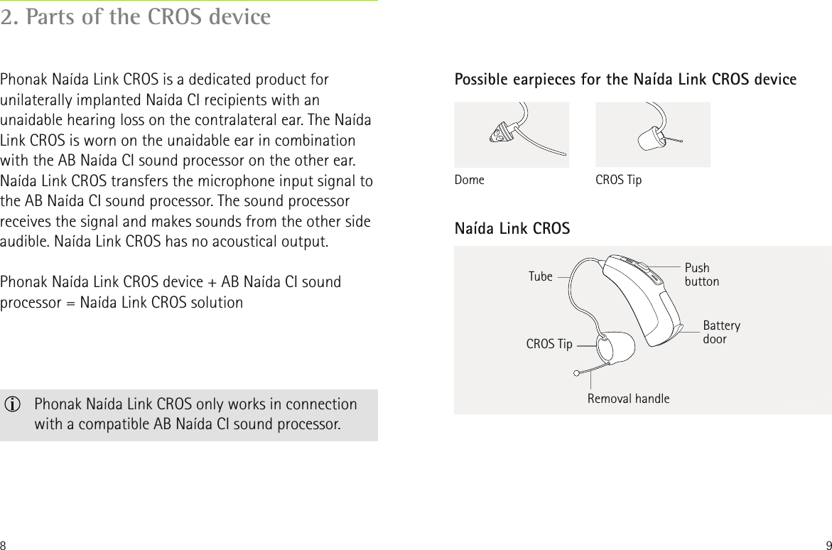 8 92. Parts of the CROS devicePhonak Na&iacute;da Link CROS is a dedicated product for unilaterally implanted Na&iacute;da CI recipients with an unaidable hearing loss on the contralateral ear. The Na&iacute;da Link CROS is worn on the unaidable ear in combination with the AB Na&iacute;da CI sound processor on the other ear. Na&iacute;da Link CROS transfers the microphone input signal to the AB Na&iacute;da CI sound processor. The sound processor receives the signal and makes sounds from the other side audible. Na&iacute;da Link CROS has no acoustical output. Phonak Na&iacute;da Link CROS device + AB Na&iacute;da CI sound processor = Na&iacute;da Link CROS solutionPossible earpieces for the Na&iacute;da Link CROS deviceCROS TipPush buttonNa&iacute;da Link CROSTubeRemoval handleBattery doorDome CROS Tip   Phonak Na&iacute;da Link CROS only works in connection with a compatible AB Na&iacute;da CI sound processor.