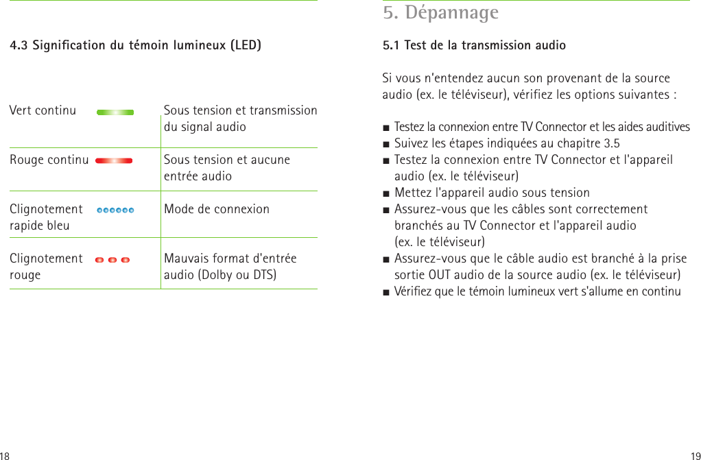 18 194.3 Signication du témoin lumineux (LED) Vert continu     Sous tension et transmission du signal audioRouge continu     Sous tension et aucune entrée audio  Clignotement    Mode de connexion rapide bleuClignotement    Mauvais format d&apos;entrée  rouge       audio (Dolby ou DTS) 5. Dépannage5.1 Test de la transmission audioSi vous n’entendez aucun son provenant de la source audio (ex. le téléviseur), vérifiez les options suivantes: J Testez la connexion entre TV Connector et les aides auditivesJ Suivez les étapes indiquées au chapitre 3.5J Testez la connexion entre TV Connector et l&apos;appareil audio (ex. le téléviseur)J Mettez l&apos;appareil audio sous tensionJ Assurez-vous que les câbles sont correctement branchés au TV Connector et l&apos;appareil audio  (ex. le téléviseur)J Assurez-vous que le câble audio est branché à la prise sortie OUT audio de la source audio (ex. le téléviseur)J Vériez que le témoin lumineux vert s&apos;allume en continu