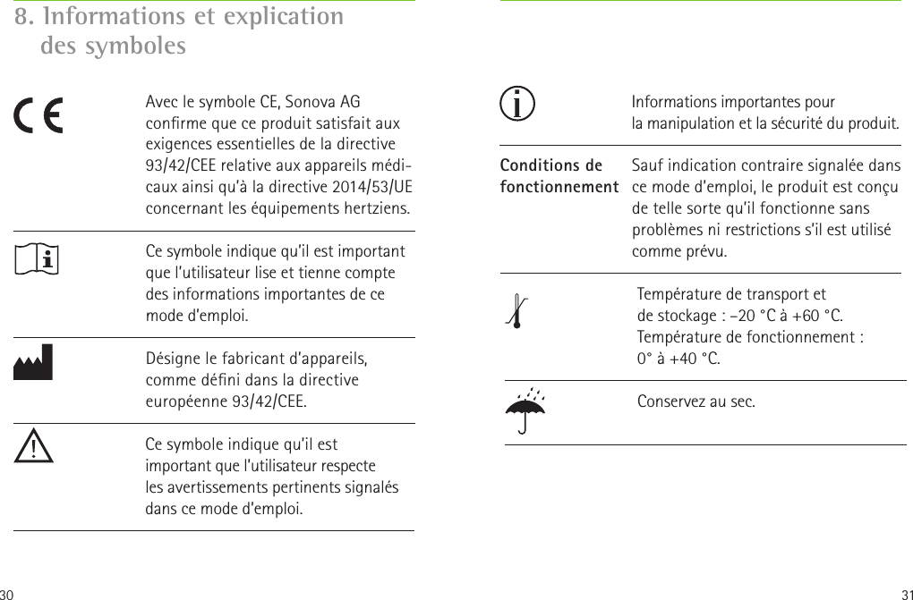 30 31Ce symbole indique qu’il est important que l’utilisateur lise et tienne compte des informations importantes de ce mode d’emploi.Avec le symbole CE, Sonova AG conrme que ce produit satisfait aux exigences essentielles de la directive 93/42/CEE relative aux appareils médi-caux ainsi qu’à la directive 2014/53/UE concernant les équipements hertziens.8. Informations et explication dessymboles Conditions de fonctionnement Informations importantes pour lamanipulation et la sécurité du produit.Ce symbole indique qu’il est important que l’utilisateur respecte lesavertissements pertinents signalés dans ce mode d’emploi.Sauf indication contraire signalée dans ce mode d’emploi, le produit est conçu de telle sorte qu’il fonctionne sans problèmes ni restrictions s’il est utilisé comme prévu.Désigne le fabricant d’appareils, comme déni dans la directive européenne 93/42/CEE.Température de transport et destockage: –20°C à +60°C. Température de fonctionnement:  0° à +40°C.Conservez au sec. 
