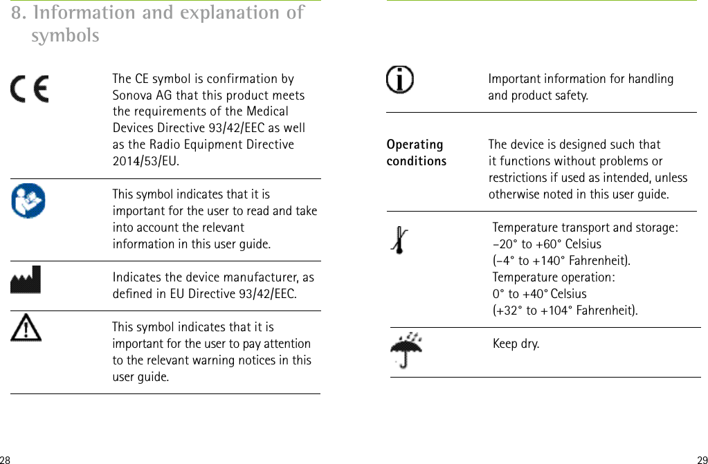 28 29This symbol indicates that it is  important for the user to read and take into account the relevant  information in this user guide.The CE symbol is confirmation by  Sonova AG that this product meets the requirements of the Medical Devices Directive 93/42/EEC as well as the Radio Equipment Directive 2014/53/EU.8. Information and explanation ofsymbolsOperating conditions Important information for handling and product safety.This symbol indicates that it is  important for the user to pay attention to the relevant warning notices in this user guide.The device is designed such that it functions without problems or restrictions if used as intended, unless otherwise noted in this user guide.Indicates the device manufacturer, as dened in EU Directive 93/42/EEC.Temperature transport and storage: –20° to +60° Celsius(–4° to +140° Fahrenheit). Temperature operation:  0° to +40° Celsius  (+32° to +104° Fahrenheit).Keep dry. 
