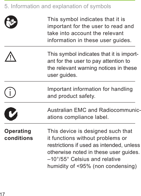 17This symbol indicates that it is important for the user to read and take into account the relevant information in these user guides.This symbol indicates that it is import-ant for the user to pay attention to the relevant warning notices in these user guides.Important information for handlingand product safety.Australian EMC and Radiocommunic-ations compliance label. This device is designed such that it functions without problems or restrictions if used as intended, unless otherwise noted in these user guides. –10°/55° Celsius and relative humidity of &lt;95% (non condensing)5. Information and explanation of symbolsOperating conditions 