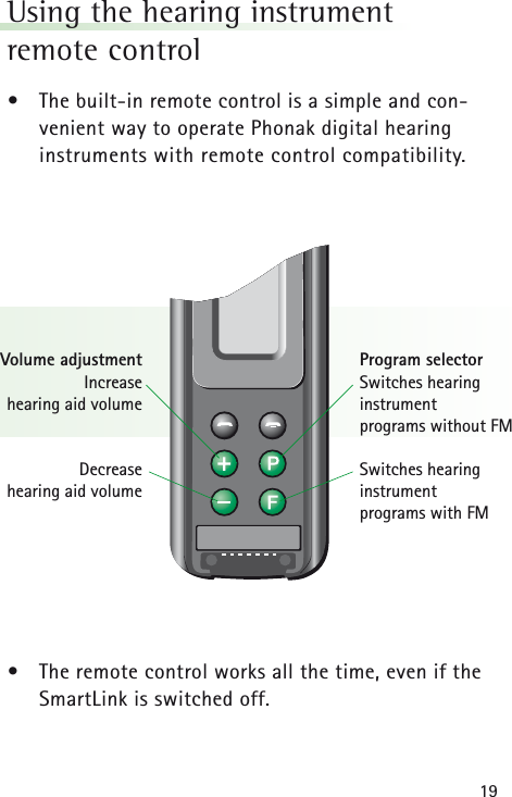 19Using the hearing instrument remote control &bull;The built-in remote control is a simple and con-venient way to operate Phonak digital hearing instruments with remote control compatibility. &bull;The remote control works all the time, even if theSmartLink is switched off.Program selectorSwitches hearing instrument programs without FMSwitches hearing instrument programs with FMVolume adjustmentIncrease hearing aid volumeDecrease hearing aid volume