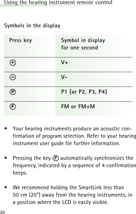 20Using the hearing instrument remote controlSymbols in the display&bull;Your hearing instruments produce an acoustic con-firmation of program selection. Refer to your hearinginstrument user guide for further information.&bull;Pressing the key      automatically synchronizes thefrequency, indicated by a sequence of 4 confirmationbeeps.&bull;We recommend holding the SmartLink less than 50 cm (20") away from the hearing instruments, in a position where the LCD is easily visible.Press key Symbol in display for one second V+V-P1 (or P2, P3, P4)FM or FM+MPF&ndash;+F