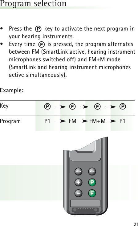 21Program selection &bull;Press the       key to activate the next program inyour hearing instruments.&bull;Every time       is pressed, the program alternatesbetween FM (SmartLink active, hearing instrumentmicrophones switched off) and FM+M mode(SmartLink and hearing instrument microphones active simultaneously).Example:KeyProgram P1 FM FM+M P1PFPPFF
