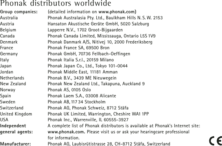 Phonak distributors worldwideGroup companies: (detailed information on www.phonak.com)Australia Phonak Australasia Pty. Ltd., Baulkham Hills N. S. W. 2153Austria Hansaton Akustische Geräte GmbH, 5020 SalzburgBelgium Lapperre N.V., 1702 Groot-BijgaardenCanada Phonak Canada Limited, Mississauga, Ontario L5S 1V9Denmark Phonak Danmark A/S, Nitivej 10, 2000 FrederiksbergFrance Phonak France SA, 69500 BronGermany Phonak GmbH, 70736 Fellbach-OeffingenItaly Phonak Italia S.r.l., 20159 MilanoJapan Phonak Japan Co., Ltd., Tokyo 101-0044Jordan Phonak Middle East, 11181 AmmanNetherlands Phonak B.V., 3439 ME NieuwegeinNew Zealand Phonak New Zealand Ltd., Takapuna, Auckland 9Norway Phonak AS, 0105 OsloSpain Phonak Laem S.A., 03008 AlicanteSweden Phonak AB,117 34 StockholmSwitzerland Phonak AG, Phonak Schweiz, 8712 StäfaUnited Kingdom Phonak UK Limited, Warrington, Cheshire WA1 1PPUSA Phonak Inc., Warrenville, IL 60555-3927Independent A complete list of Phonak distributors is available at Phonak&apos;s Internet site: general agents: www.phonak.com. Please visit us or ask your hearingcare professional for information.Manufacturer: Phonak AG, Laubisrütistrasse 28, CH-8712 Stäfa, Switzerland