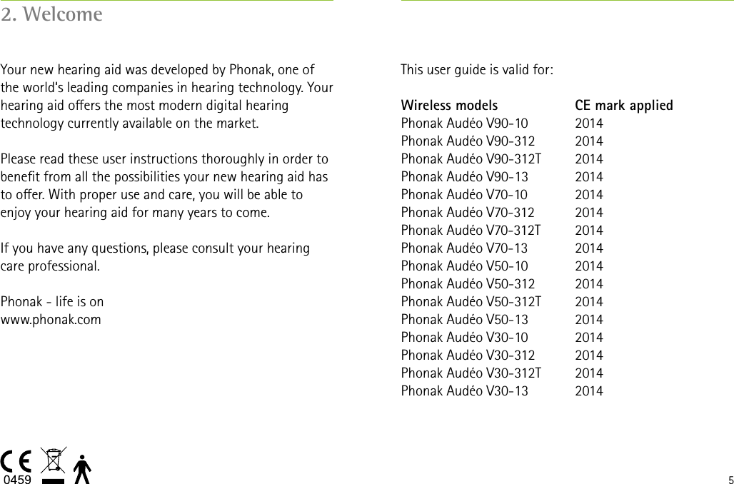 52. WelcomeYour new hearing aid was developed by Phonak, one of the world‘s leading companies in hearing technology. Your hearing aid oers the most modern digital hearing technology currently available on the market.Please read these user instructions thoroughly in order to benet from all the possibilities your new hearing aid has to oer. With proper use and care, you will be able to enjoy your hearing aid for many years to come.If you have any questions, please consult your hearing care professional.Phonak - life is onwww.phonak.comWireless modelsPhonak Audéo V90-10Phonak Audéo V90-312Phonak Audéo V90-312TPhonak Audéo V90-13Phonak Audéo V70-10Phonak Audéo V70-312Phonak Audéo V70-312TPhonak Audéo V70-13Phonak Audéo V50-10Phonak Audéo V50-312Phonak Audéo V50-312TPhonak Audéo V50-13Phonak Audéo V30-10Phonak Audéo V30-312Phonak Audéo V30-312TPhonak Audéo V30-13CE mark applied2014201420142014201420142014201420142014201420142014201420142014This user guide is valid for:
