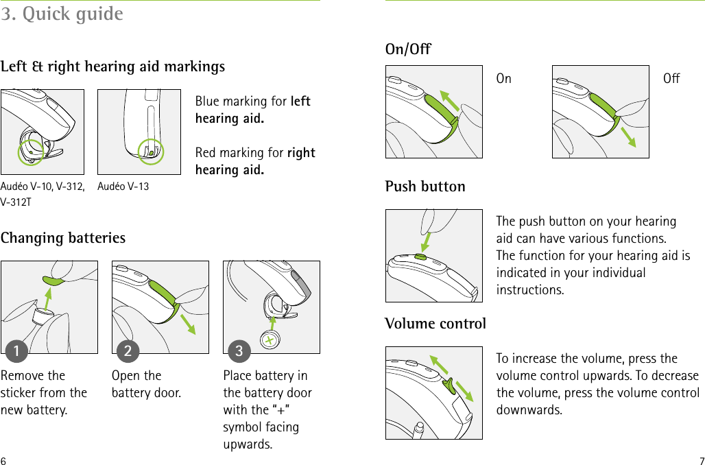 6 73. Quick guideLeft &amp; right hearing aid markingsOn/OChanging batteriesPush buttonVolume control1 2 3Blue marking for left hearing aid.Red marking for right hearing aid.Remove the  sticker from the new battery.Audéo V-10, V-312, V-312TAudéo V-13Open the  battery door.Place battery in the battery door with the “+” symbol facing upwards.The push button on your hearing  aid can have various functions.  The function for your hearing aid is indicated in your individual instructions.To increase the volume, press the volume control upwards. To decrease the volume, press the volume control downwards.OOn