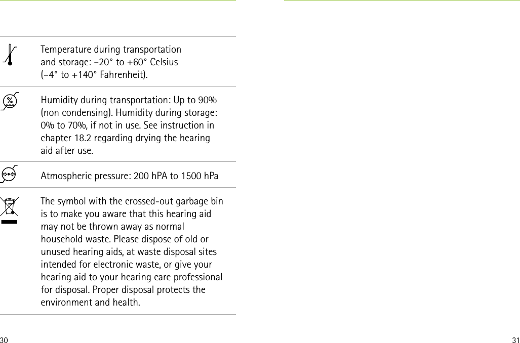 30 31Temperature during transportation  and storage: –20° to +60° Celsius  (–4° to +140° Fahrenheit).Humidity during transportation: Up to 90% (non condensing). Humidity during storage: 0% to 70%, if not in use. See instruction in chapter 18.2 regarding drying the hearing  aid after use. Atmospheric pressure: 200 hPA to 1500 hPaThe symbol with the crossed-out garbage bin is to make you aware that this hearing aid may not be thrown away as normal household waste. Please dispose of old or unused hearing aids, at waste disposal sites intended for electronic waste, or give your hearing aid to your hearing care professional for disposal. Proper disposal protects the environment and health.