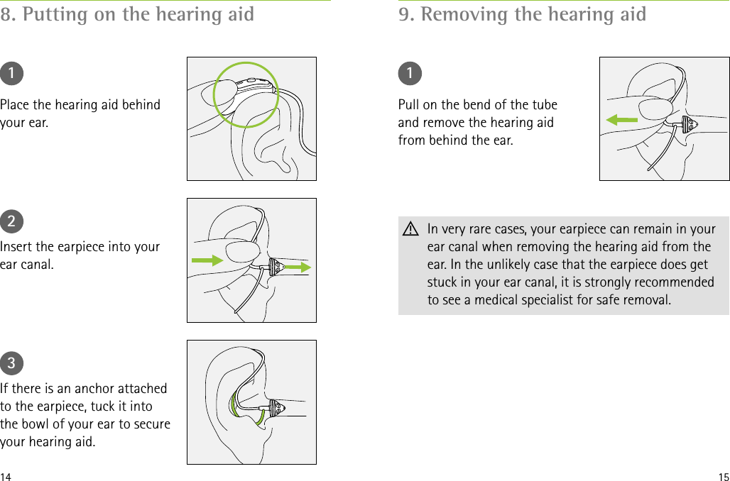 14 158. Putting on the hearing aid 9. Removing the hearing aid1 123Place the hearing aid behind your ear.Pull on the bend of the tube and remove the hearing aid from behind the ear.Insert the earpiece into your ear canal.If there is an anchor attached to the earpiece, tuck it into the bowl of your ear to secure your hearing aid.  In very rare cases, your earpiece can remain in your ear canal when removing the hearing aid from the ear. In the unlikely case that the earpiece does get stuck in your ear canal, it is strongly recommended to see a medical specialist for safe removal.