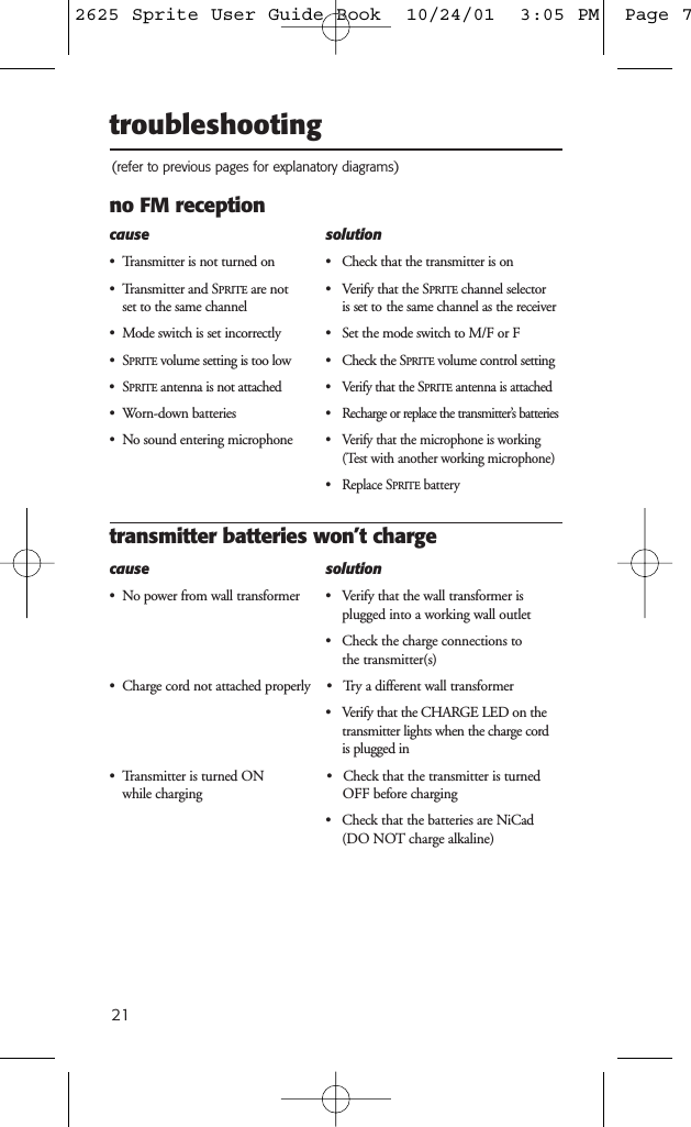 21troubleshooting(refer to previous pages for explanatory diagrams)no FM receptioncause solution&bull; Transmitter is not turned on &bull; Check that the transmitter is on&bull; Transmitter and SPRITE are not  &bull;  Verify that the SPRITE channel selector set to the same channel is set to the same channel as the receiver&bull; Mode switch is set incorrectly &bull; Set the mode switch to M/F or F&bull;SPRITE volume setting is too low &bull; Check the SPRITE volume control setting&bull;SPRITE antenna is not attached&bull;  Verify that the SPRITEantenna is attached&bull; Worn-down batteries&bull;  Recharge or replace the transmitter&rsquo;s batteries&bull; No sound entering microphone&bull; Verify that the microphone is working (Test with another working microphone)&bull; Replace SPRITEbatterytransmitter batteries won&rsquo;t chargecause solution&bull; No power from wall transformer &bull; Verify that the wall transformer is plugged into a working wall outlet&bull; Check the charge connections to the transmitter(s) &bull; Charge cord not attached properly &bull; Try a different wall transformer&bull;  Verify that the CHARGE LED on the transmitter lights when the charge cordis plugged in&bull; Transmitter is turned ON  &bull;  Check that the transmitter is turned  while charging OFF before charging&bull;  Check that the batteries are NiCad(DO NOT charge alkaline)2625 Sprite User Guide Book  10/24/01  3:05 PM  Page 7
