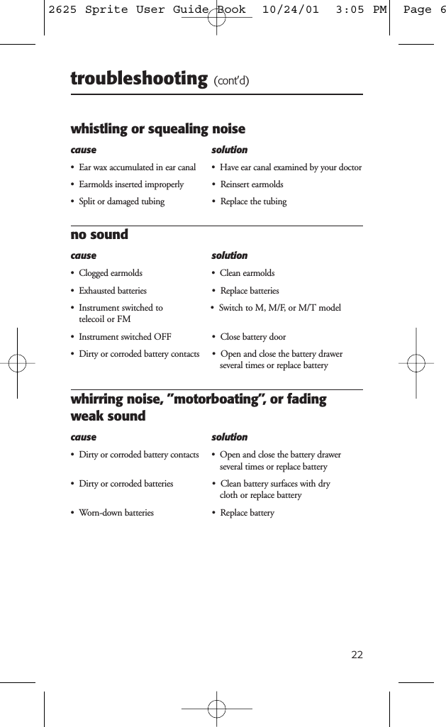22troubleshooting (cont&rsquo;d)whistling or squealing noisecause solution&bull; Ear wax accumulated in ear canal &bull; Have ear canal examined by your doctor&bull; Earmolds inserted improperly &bull; Reinsert earmolds&bull; Split or damaged tubing &bull; Replace the tubingno soundcause solution&bull; Clogged earmolds &bull; Clean earmolds&bull; Exhausted batteries &bull; Replace batteries&bull; Instrument switched to  &bull; Switch to M, M/F, or M/T modeltelecoil or FM&bull; Instrument switched OFF &bull; Close battery door&bull; Dirty or corroded battery contacts &bull; Open and close the battery drawer several times or replace batterywhirring noise, &rdquo;motorboating&rdquo;, or fading weak soundcause solution&bull; Dirty or corroded battery contacts &bull; Open and close the battery drawer several times or replace battery&bull; Dirty or corroded batteries &bull; Clean battery surfaces with dry cloth or replace battery&bull; Worn-down batteries &bull; Replace battery2625 Sprite User Guide Book  10/24/01  3:05 PM  Page 6