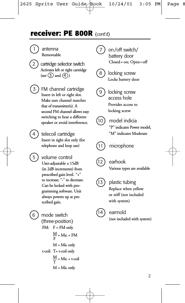 2receiver: PE 800R (cont&rsquo;d)2 cartridge selector switchActivates left or right cartridge(see 3and 4)3 FM channel cartridgeInsert in left or right slot.Make sure channel matchesthat of transmitter(s). A second FM channel allows easyswitching to hear a differentspeaker or avoid interference.1 antennaRemoveable5 volume controlUser-adjustable &plusmn; 15dB (in 2dB increments) fromprescribed gain level. &ldquo;+&rdquo; to increase; &ldquo;-&rdquo; to decrease.Can be locked with pro-gramming software. Unitalways powers up at pre-scribed gain.4 telecoil cartridgeInsert in right slot only (fortelephone and loop use) 7 on/off switch/battery doorClosed= on; Open=off6 mode switch (three-position)FM: F = FM onlyM= Mic + FMFM = Mic onlyt-coil: T= t-coil onlyM= Mic + t-coilTM = Mic only8 locking screwLocks battery door9 locking screw access holeProvides access to locking screw10 model indicia&ldquo;P&rdquo; indicates Power model, &ldquo;M&rdquo; indicates Moderate11 microphone12 earhookVarious types are available13 plastic tubingReplace when yellowor stiff (not includedwith system)14 earmold(not included with system)2625 Sprite User Guide Book  10/24/01  3:05 PM  Page 8