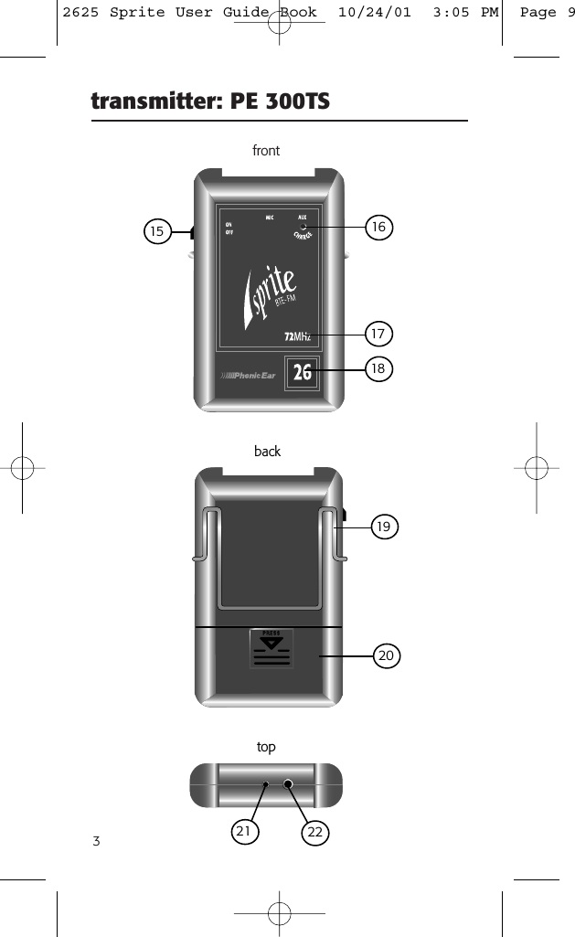 transmitter: PE 300TS3frontback15 16181920top21 22172625 Sprite User Guide Book  10/24/01  3:05 PM  Page 9