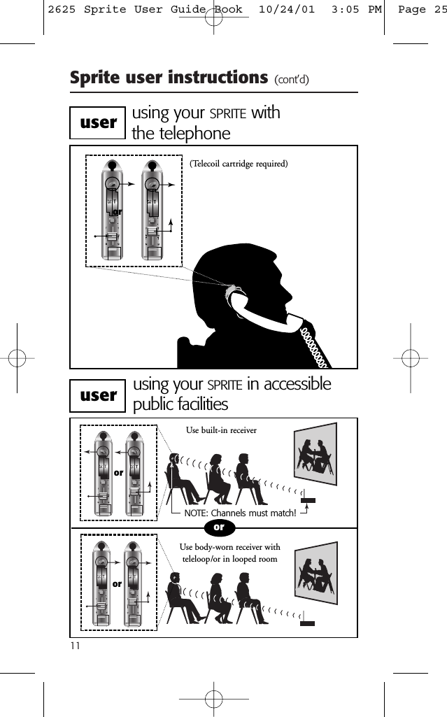 Sprite user instructions (cont’d)11using your SPRITE with the telephoneusing your SPRITE in accessiblepublic facilitiesororUse built-in receiverNOTE: Channels must match! ororUse body-worn receiver withteleloop/or in looped room(Telecoil cartridge required)useruser2625 Sprite User Guide Book  10/24/01  3:05 PM  Page 25