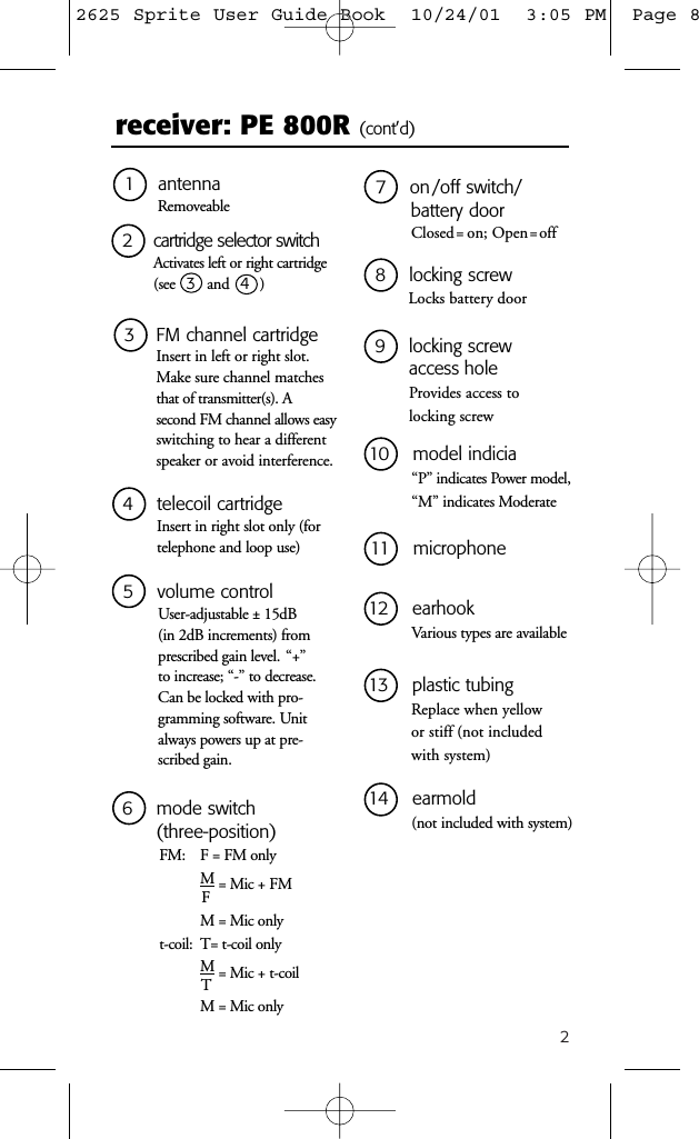 2receiver: PE 800R (cont’d)2 cartridge selector switchActivates left or right cartridge(see 3and 4)3 FM channel cartridgeInsert in left or right slot.Make sure channel matchesthat of transmitter(s). A second FM channel allows easyswitching to hear a differentspeaker or avoid interference.1 antennaRemoveable5 volume controlUser-adjustable ± 15dB (in 2dB increments) fromprescribed gain level. “+” to increase; “-” to decrease.Can be locked with pro-gramming software. Unitalways powers up at pre-scribed gain.4 telecoil cartridgeInsert in right slot only (fortelephone and loop use) 7 on/off switch/battery doorClosed= on; Open=off6 mode switch (three-position)FM: F = FM onlyM= Mic + FMFM = Mic onlyt-coil: T= t-coil onlyM= Mic + t-coilTM = Mic only8 locking screwLocks battery door9 locking screw access holeProvides access to locking screw10 model indicia“P” indicates Power model, “M” indicates Moderate11 microphone12 earhookVarious types are available13 plastic tubingReplace when yellowor stiff (not includedwith system)14 earmold(not included with system)2625 Sprite User Guide Book  10/24/01  3:05 PM  Page 8